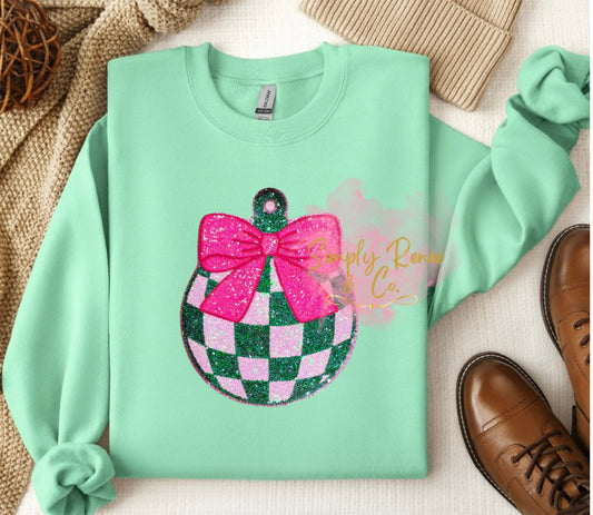 Pink & Green Glitter Ornament Holiday Sweatshirt