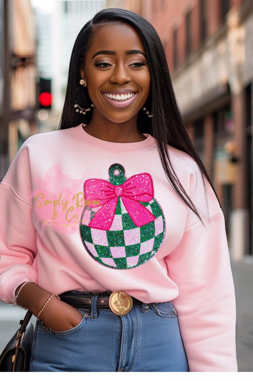 Pink & Green Glitter Ornament Holiday Sweatshirt