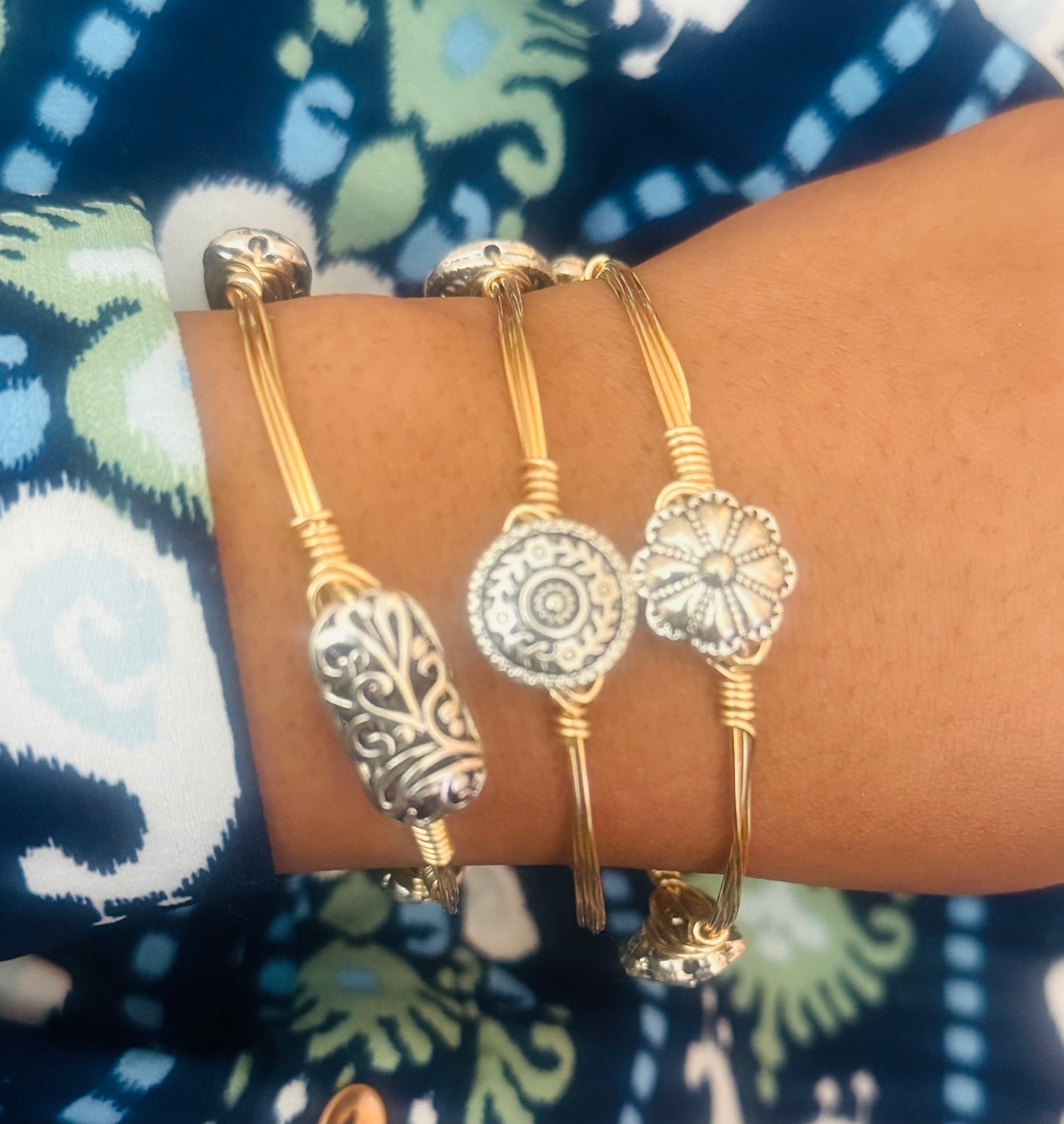 Handmade Wire-Wrapped Silver & Gold Statement Bangles – Set of 3